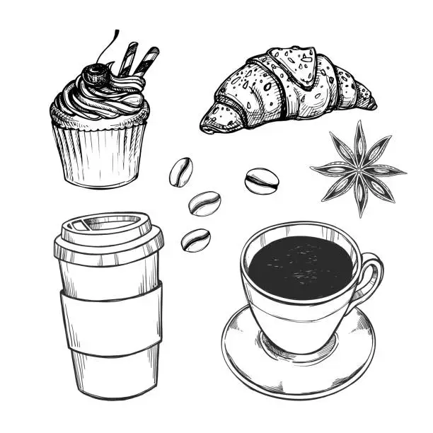 Vector illustration of Hand drawn vector illustration - Coffee set (croissant, cupcake, coffee to go and cup of tea). Design elements in sketch style. Perfect for prints, cards, menu etc