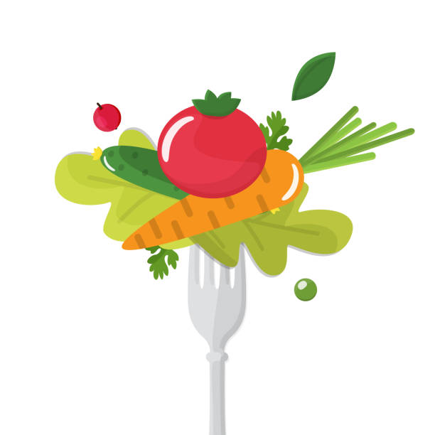 warzywa przyklejone na widelcu. koncepcja zdrowego odżywiania - high in fiber stock illustrations