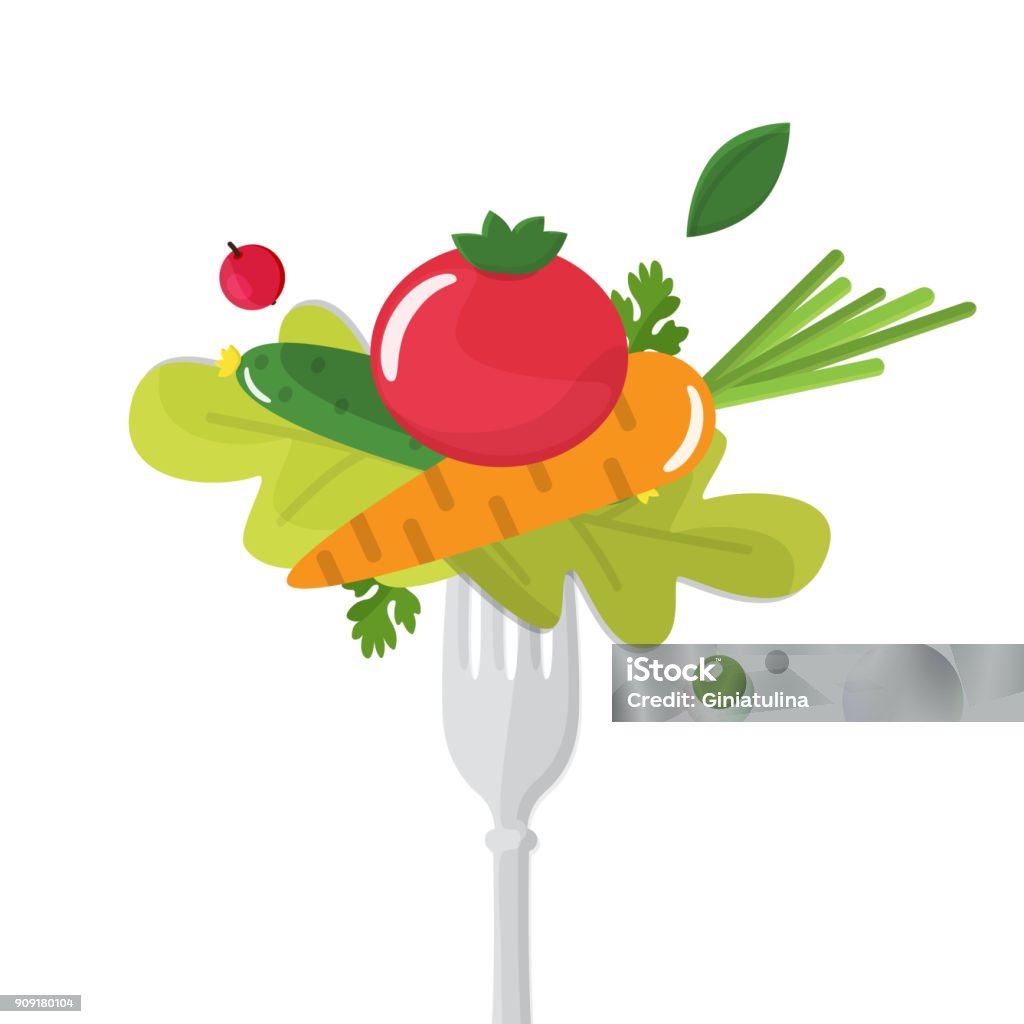 Vegetables sticked on fork. Healthy eating concept Vegetables sticked on fork. Healthy eating concept. Vector illustration. Dietary Fiber stock vector