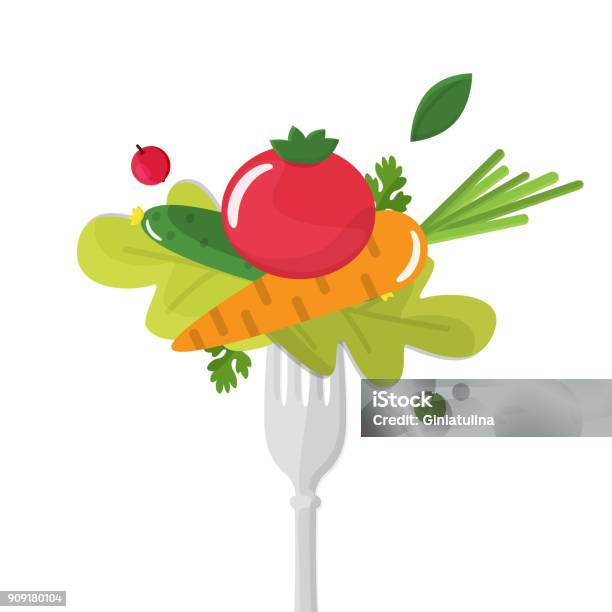 Vegetables Sticked On Fork Healthy Eating Concept Stock Illustration - Download Image Now - Dietary Fiber, Vegetable, Eating