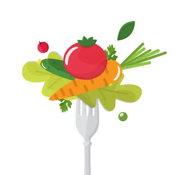 Vector illustration of Vegetables sticked on fork. Healthy eating concept
