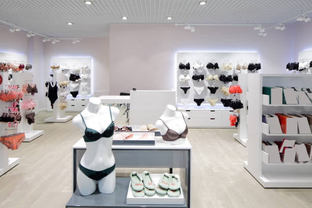 interior of bright underwear shop modern and fashionable interior of underwear shop lingerie stock pictures, royalty-free photos & images