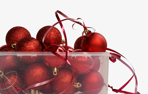 container of red christmas baubles  christmas decoration storage stock pictures, royalty-free photos & images