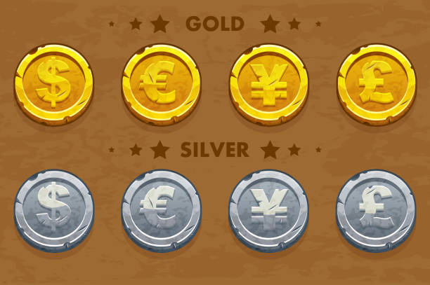 złoto i srebro stare monety dolarowe, euro, funtowe i jenowe. - japanese currency shiny finance horizontal stock illustrations