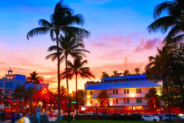 Miami Beach South Beach sunset in Ocean Drive Florida Art Deco