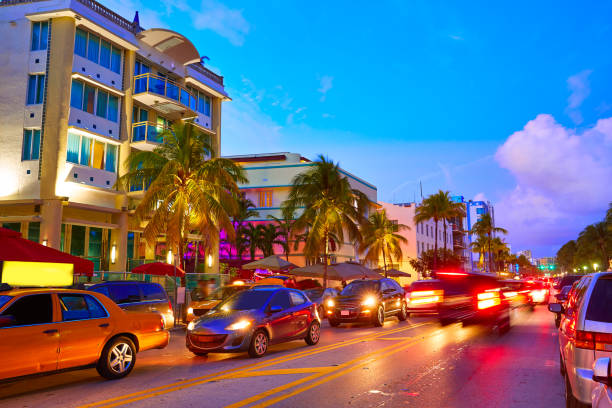 Miami Beach South Beach sunset in Ocean Drive Florida Art Deco