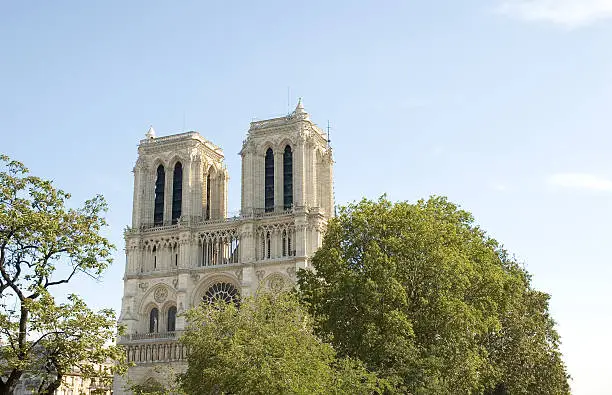 Afternoon image of Notre Dame de Paris, often known simply as Notre Dame Cathedral.  The structure is a Gothic cathedral on the eastern half of the Île de la Cité in Paris, France.  