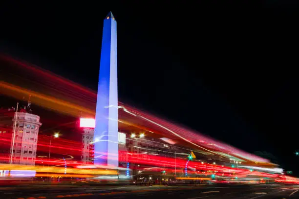 Night traffic of cars in the 9 de Julio Avenue next to the obelisk illuminated of blue