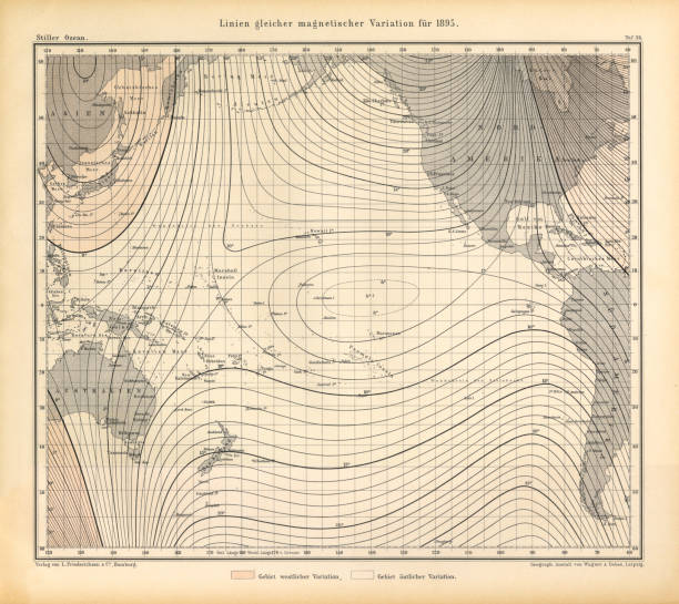 linie równej zmienności magnetycznej w 1895 chart, ocean spokojny, niemiecki antyczny wiktoriański grawerowanie, 1896 - tide stock illustrations