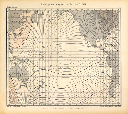Very Rare, Beautifully Illustrated Antique Engraving of Lines of Equal Magnetic Variation in 1895 Chart, Pacific Ocean, German Antique Victorian Engraving, 1896. Source: Original edition from my own archives. Copyright has expired on this artwork. Digitally restored.