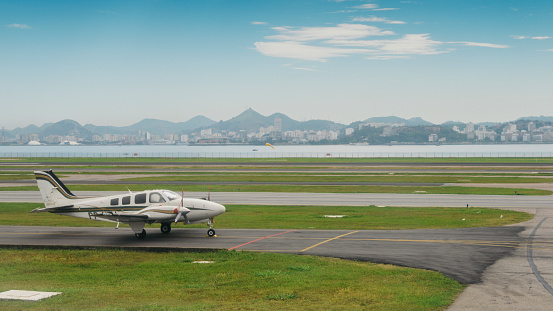 Beechcraft Baron B55 taxiing on the runway in Rio de Janeiro, Brazil
