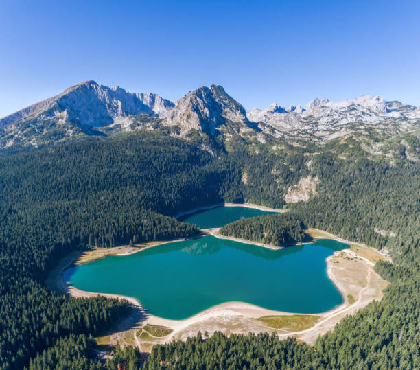 Aerial view on Black lake in National park Durmitor. Aerial view on Black lake in National park Durmitor. Montenegro. durmitor national park photos stock pictures, royalty-free photos & images