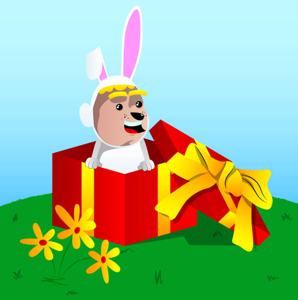 ilustraciones, imágenes clip art, dibujos animados e iconos de stock de niño disfrazado de conejo de pascua en una caja de regalo. - easter rabbit baby rabbit mascot