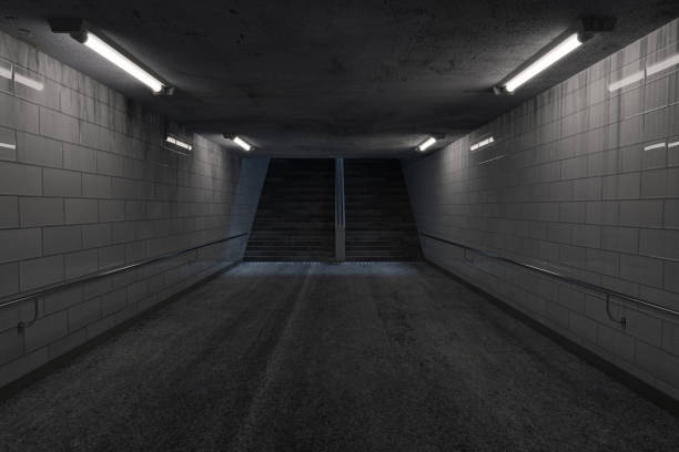 3d rendering of darken underpass with lights and staircase at the end at night