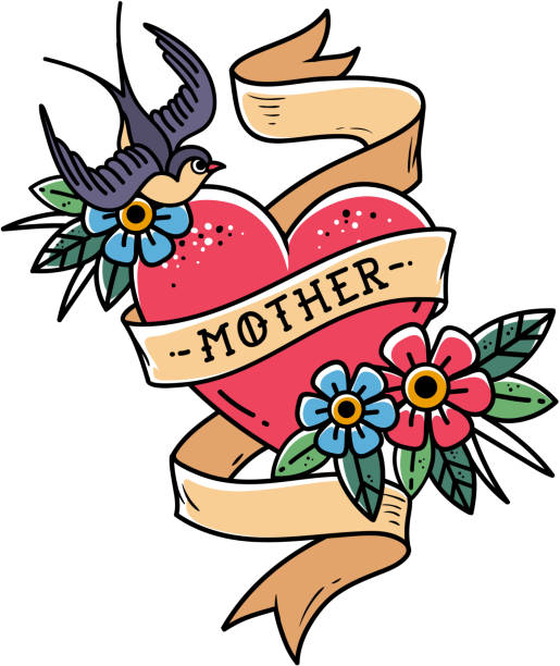 ilustrações, clipart, desenhos animados e ícones de coração isolado tatuagem vermelha com fita, engolir, flores e palavra de mãe. ilustração vetorial para dia das mães. velha escola - mother family vertical flower