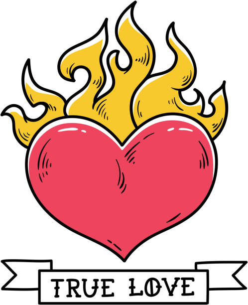 illustrations, cliparts, dessins animés et icônes de flaming heart tattoo. amour sincère. coeur de feu rouge. cœur passionné. old school style tatouage de cœur enflammé. - valentines day love true love heart shape