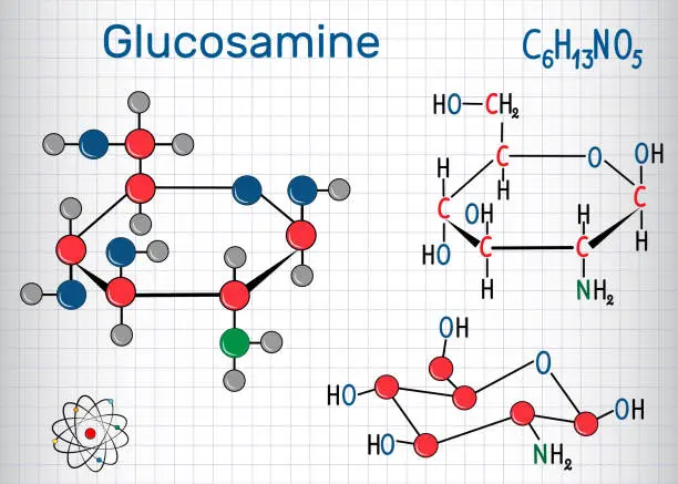 Vector illustration of Glucosamine molecule, is one of the most abundant monosaccharides, is dietary supplement. Structural chemical formula and molecule model. Sheet of paper in a cage