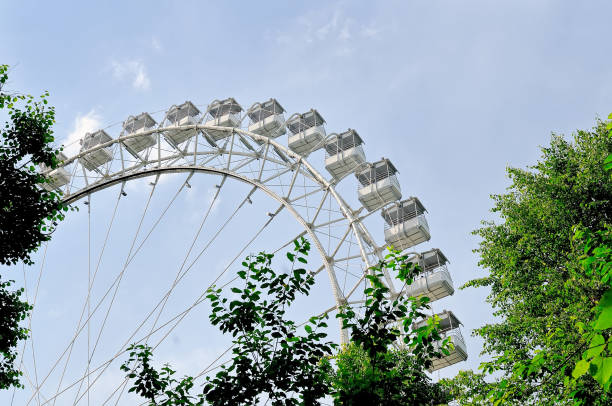 istock Ferris wheel against a blue sky. Bottom view. 909239514