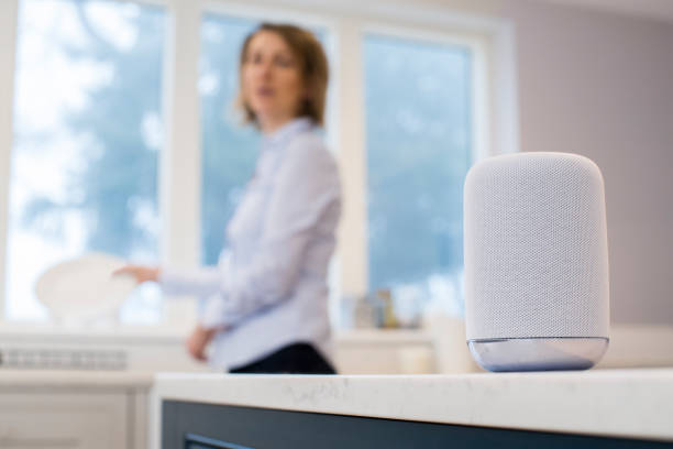 istock Woman In Kitchen Asking Digital Assistant Whilst Washing Up 909240246