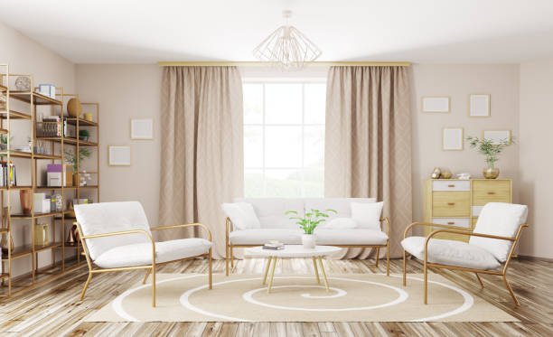 interno del moderno soggiorno rendering 3d - chair coffee table curtain floor foto e immagini stock