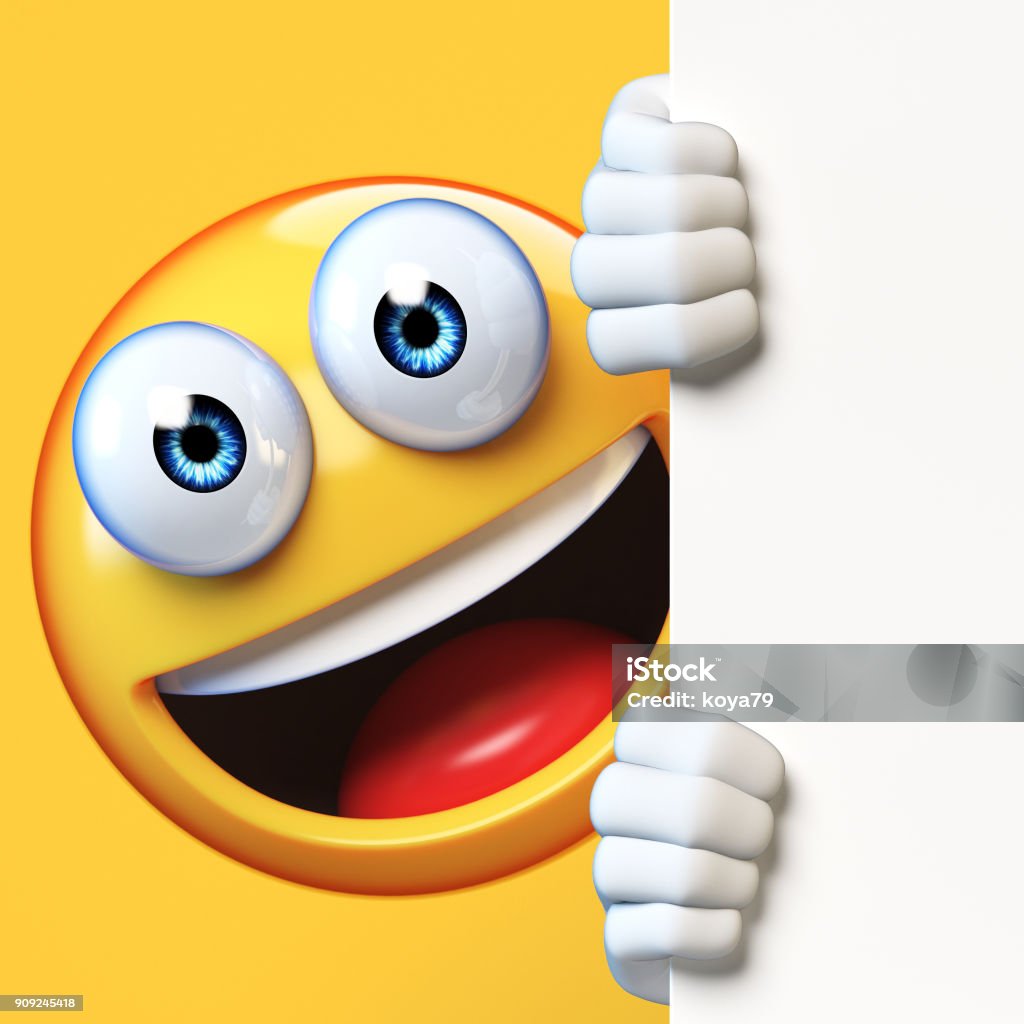 Emoji holding blank board isolated on white background, emoticon advertiser 3d rendering Cartoon Stock Photo