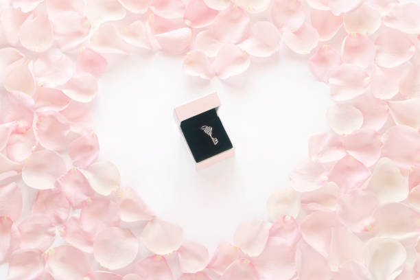 silver key pendant in open white and pink gift box in the middle of heart shaped rose petals on white background
