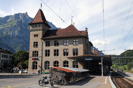 The Railway Station of Glarus, a small town in the Swiss Mountains. The Image shows the Main Entrance.
