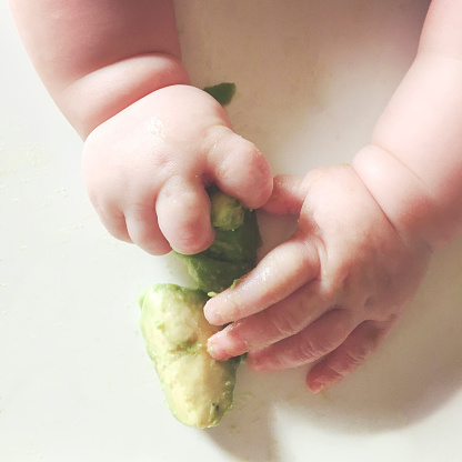 Close up view of a baby's hands holding a sliced avocado.