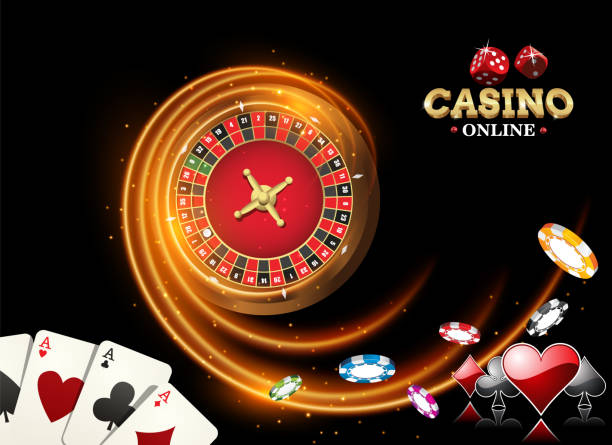 istock Black fiery design casino banner with roulette, poker chips, playing cards. Vector illustration the wheel fortune in casino 909258514