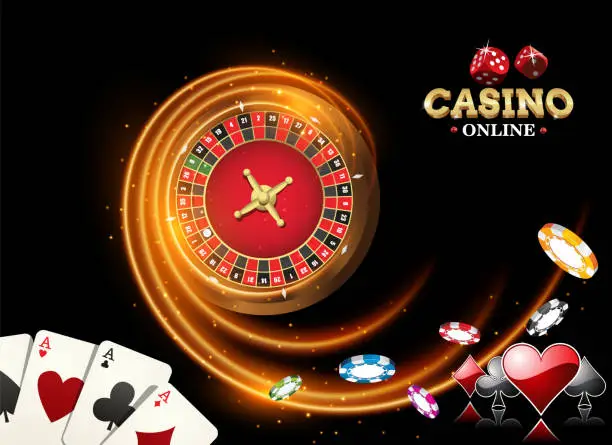 Vector illustration of Black fiery design casino banner with roulette, poker chips, playing cards. Vector illustration the wheel fortune in casino