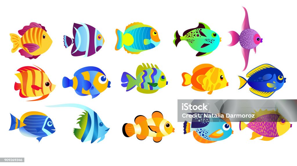 Vector illustration set of bright colors tropical fishes isolated on white background in flat cartoon style. Vector illustration set of bright colors tropical fishes isolated on white background in flat cartoon style Fish stock vector
