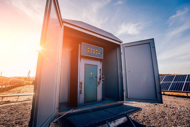 Inverter and store energy building. Solar cell park. Background