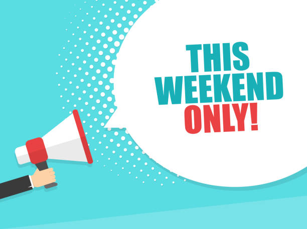 istock Male hand holding megaphone with This weekend only! speech bubble. Loudspeaker. Banner for business, marketing and advertising. Vector illustration. 909279442