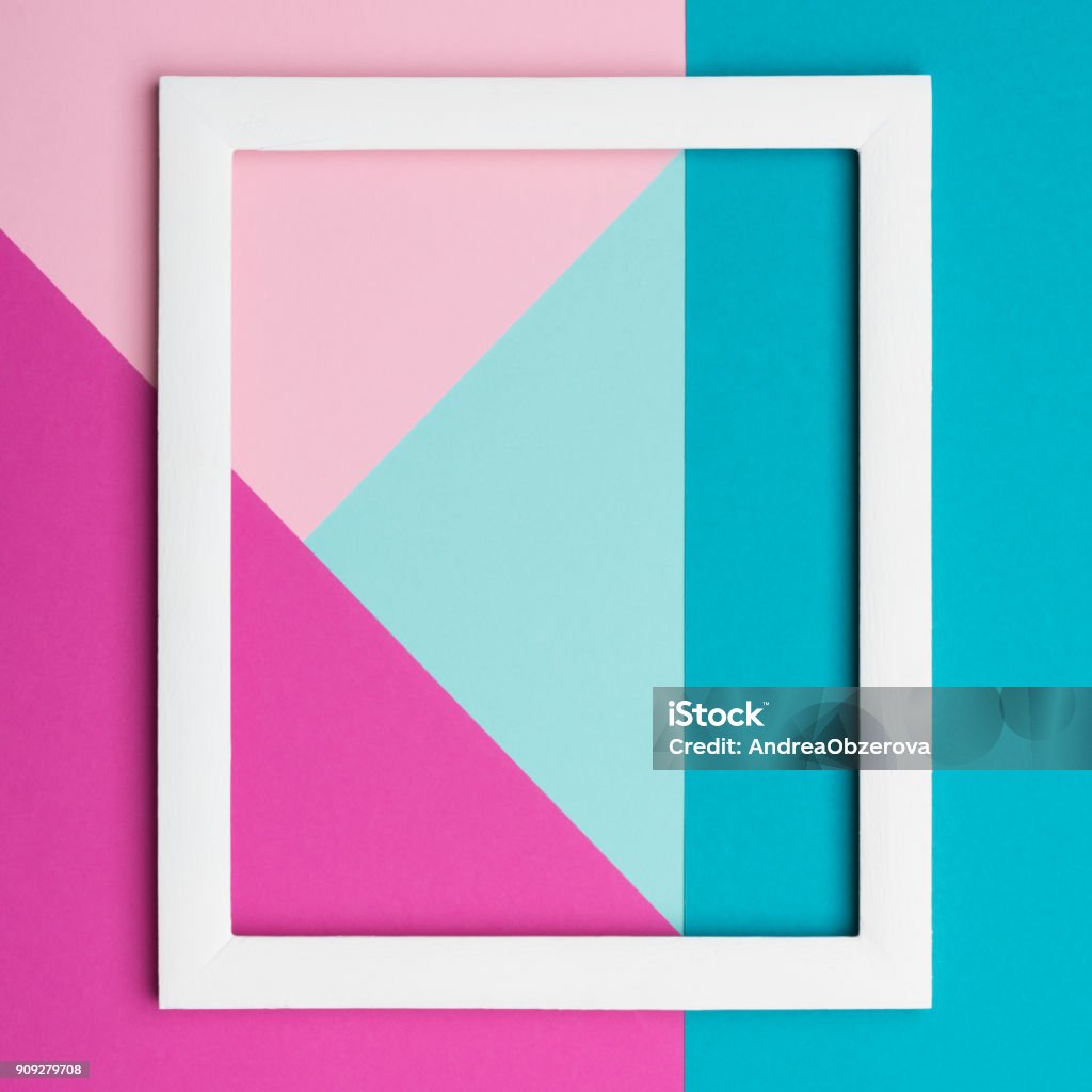 Abstract pastel colored paper texture minimalism background. Minimal geometric shapes and lines composition with empty picture frame. Picture Frame Stock Photo