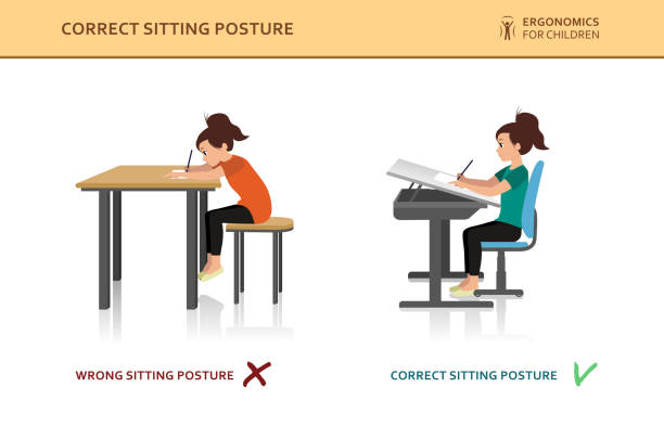 어린이 인체 공학적입니다. 잘못 된 및 올바른 앉는 자세 - good posture stock illustrations