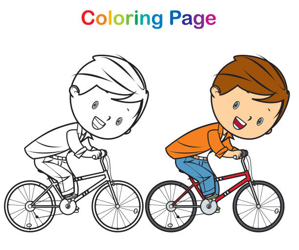 Coloring book: boy bicycle Vector Coloring book: boy bicycle cycling bicycle pencil drawing cyclist stock illustrations