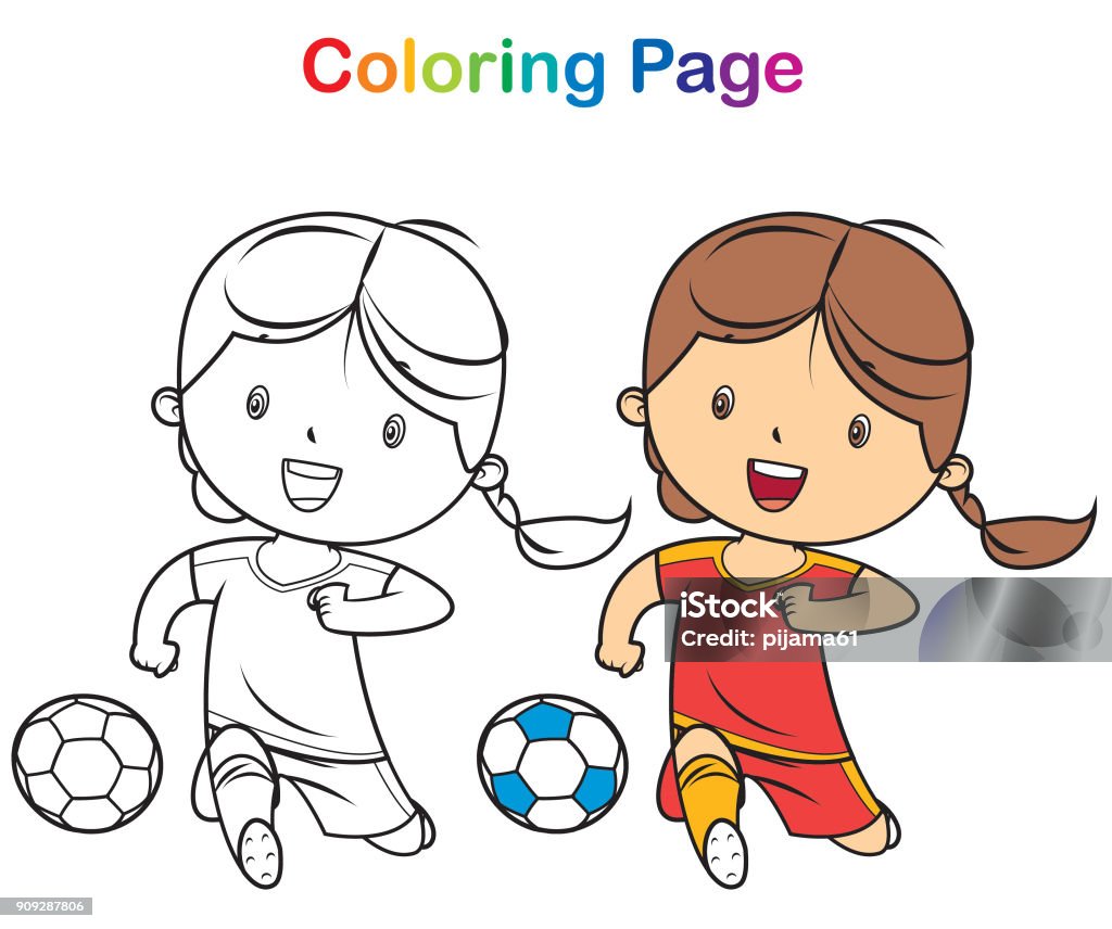 Coloring book: girl playing soccer Vector Coloring book: girl playing soccer Child stock vector