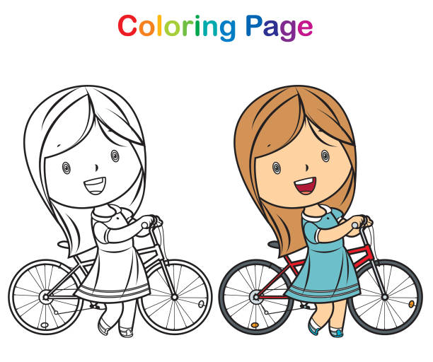 Coloring book: girl bicycle Vector Coloring book: girl bicycle cycling bicycle pencil drawing cyclist stock illustrations