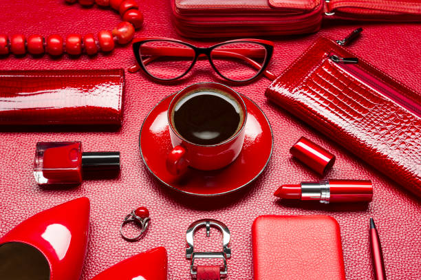 istock Red woman accessories and coffee 909288302