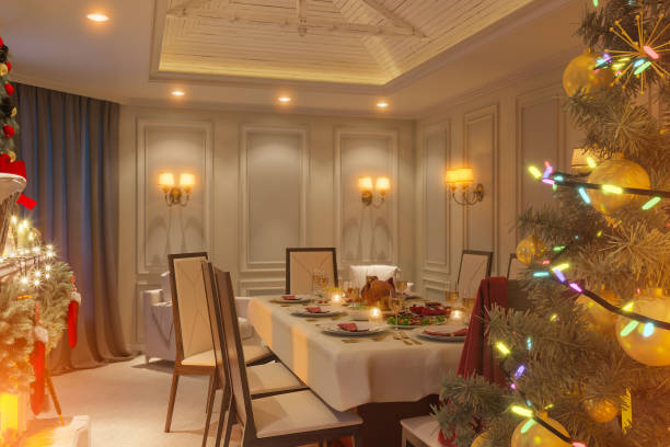 istock 3d illustration of a Christmas family dinner table with fireplac 909288536