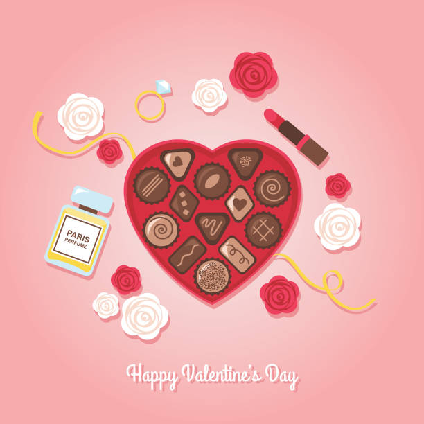 ilustraciones, imágenes clip art, dibujos animados e iconos de stock de regalos de san valentín, corazón caja forma de dulce chocolate - chocolate candy chocolate box candy