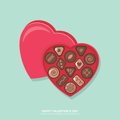 Simple vector illustration of red heart shape chocolate candy box on blue background. Valentine's day greeting card.