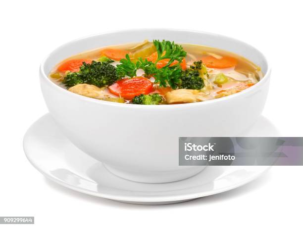 Homemade Chicken Vegetable Soup Isolated On White Stock Photo - Download Image Now - Soup, Bowl, Food