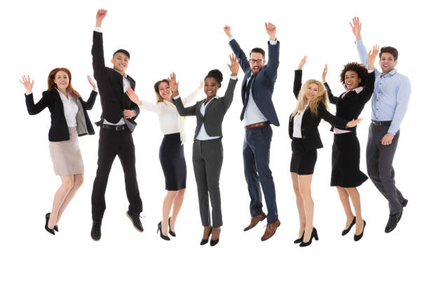 istock Excited Businesspeople Raising Their Hands 909303380