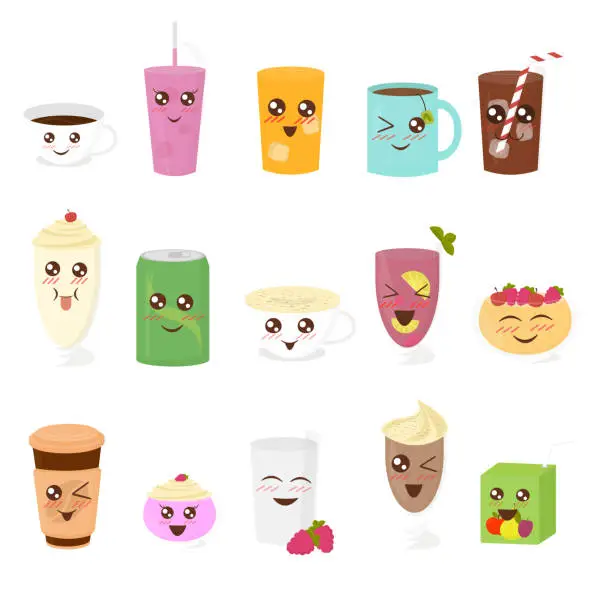 Vector illustration of Vector illustration set of cute drinks in flat cartoon style. Cup of tea, hot chocolate, latte, coffee, smoothie, juice, milk shake, lemonade.