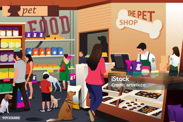 People Shopping For Their Pets At Pet Shop Stock Illustration - Download Image Now - Pet Shop, Pet Food, Customer