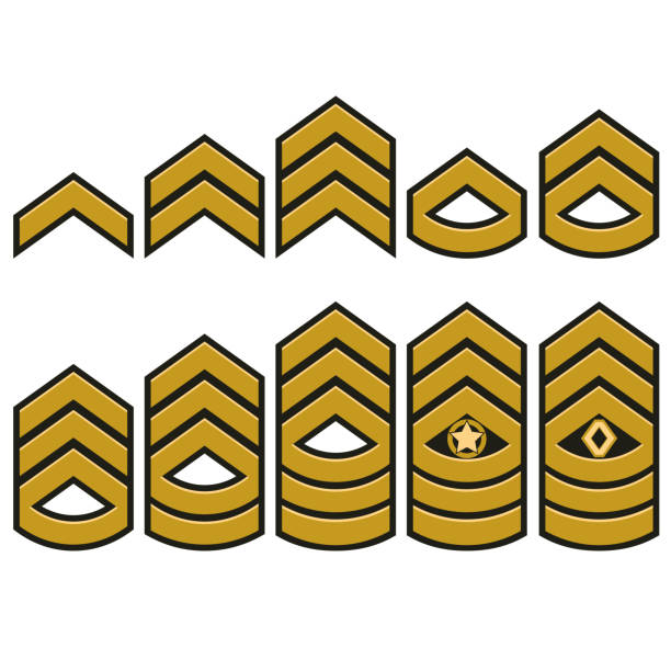illustrazioni stock, clip art, cartoni animati e icone di tendenza di i ranghi militari sono impostati, army patches. vettore - army usa text metal