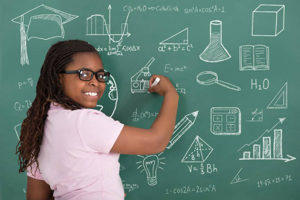 istock Girl Writing With Chalk On Green Chalkboard 909307312