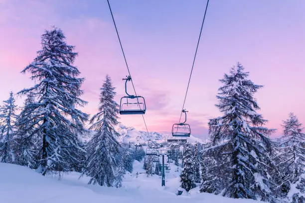 Photo of Winter mountains panorama with ski slopes and ski lifts