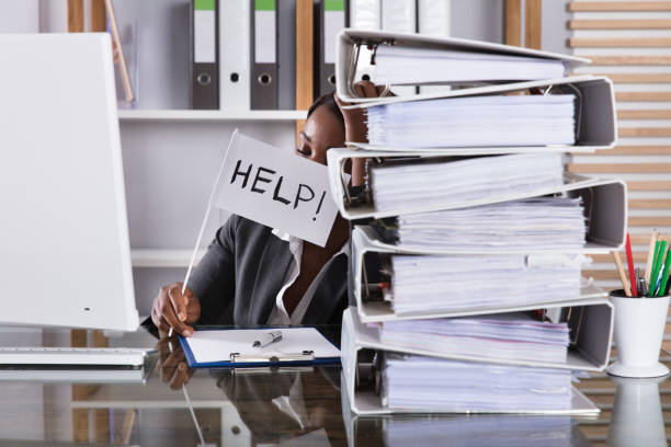 istock Tired Woman Holding Flag With Help Text 909310400